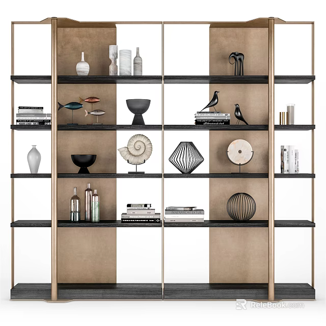 Modern Bookshelf Design with Decorative Objects Books Vases and Sculptures on Shelves 3d model 