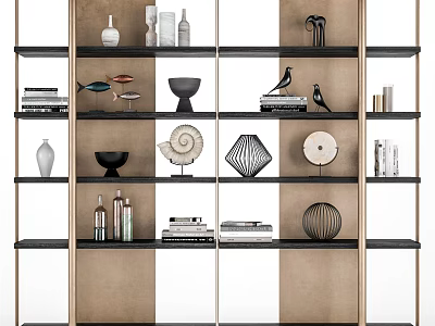 Modern Bookshelf Design with Decorative Objects Books Vases and Sculptures on Shelves 3d model