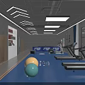Modern Fitness Studio Interior With Comfortable Sofas Round Tables Plants And Bookshelves 3d model