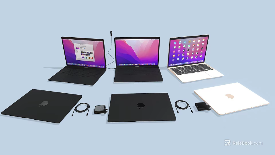 Open And Closed Laptops With Various Screen Displays And Charging Accessories 3d model 