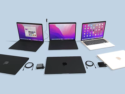 Open And Closed Laptops With Various Screen Displays And Charging Accessories 3d model