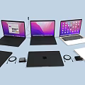 Open And Closed Laptops With Various Screen Displays And Charging Accessories 3d model