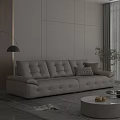 Modern Plush Beige Leather Sofa and Round Coffee Table Set with Cushions Wooden Accent Wall