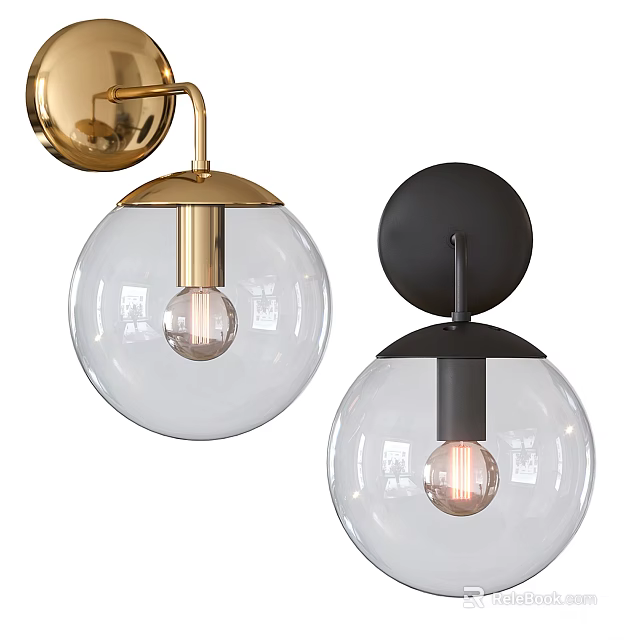 Modern Gold and Black Wall Sconces With Round Glass Shade And Light Bulb 3d model 
