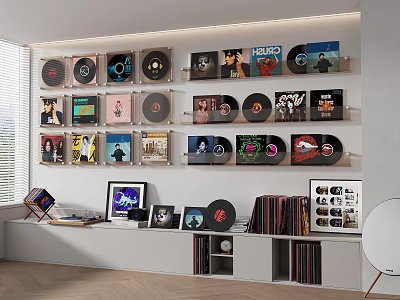 Stylish Home Entertainment Electronics With Vinyl Record Collection And Album Displays 3d model