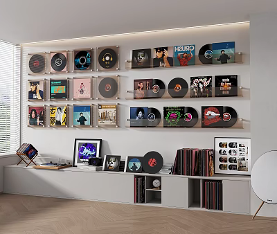 Stylish Home Entertainment Electronics With Vinyl Record Collection And Album Displays 3d model