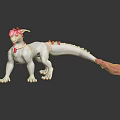White Fantasy Creature With Pink Horns Tail Red Decorations Standing On Shiny Surface