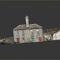 Traditional Rural Brick House With Chimney Red Doors Windows And Small Yard