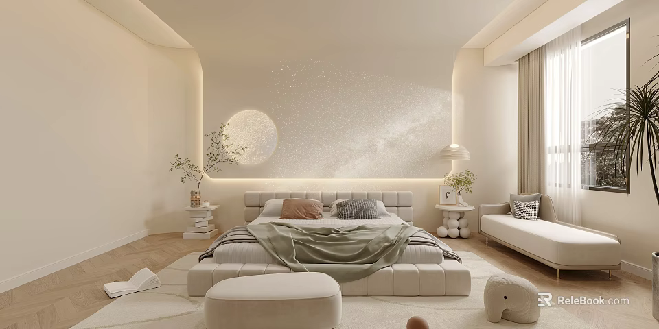 Modern Minimalist Bedroom Interior With Upholstered Bed Moon Starry Sky Backdrop Plants Stool Soft Lighting 3d model 