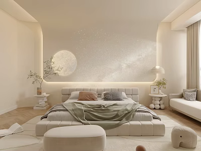 Modern Minimalist Bedroom Interior With Upholstered Bed Moon Starry Sky Backdrop Plants Stool Soft Lighting 3d model