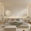 Modern Minimalist Bedroom Interior With Upholstered Bed Moon Starry Sky Backdrop Plants Stool Soft Lighting