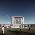 Modern Office Building Exterior With Glass Curtain Wall Colonnade Plaza Pedestrians Vehicles And Blue Sky