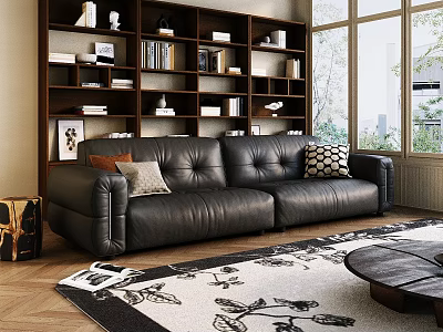 Black Leather Three Seater Sofa With Decorative Pillows Bookshelf And Patterned Rug In Living Room 3d model
