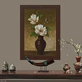 Elegant Botanical Painting With White Flowers In Wooden Frame And Decorative Vases