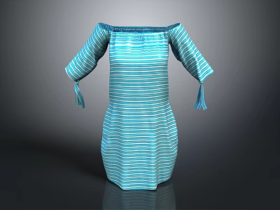 Blue Striped Off Shoulder Dress With Flare Sleeves And Tassel Details 3d model
