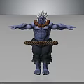 Muscular Blue Skinned Character with White Hair Red Necklace Braided Belt Green Pants Outstretched Arms