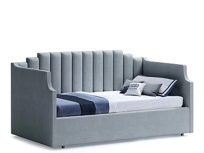 Gray Upholstered Baby Bed With Striped Backrest Pillows And Blue Blanket 3d model