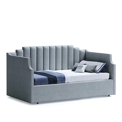 Gray Upholstered Baby Bed With Striped Backrest Pillows And Blue Blanket 3d model
