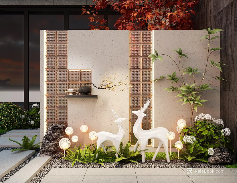Modern Building Exterior Wall With Decorative Grilles Deer Sculptures Green Plants And Warm Lighting 3d model 