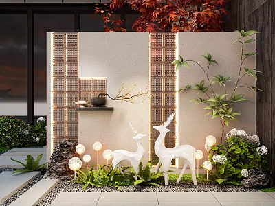 Modern Building Exterior Wall With Decorative Grilles Deer Sculptures Green Plants And Warm Lighting 3d model