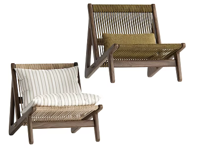 Modern Leisure Chairs With Wooden Frame Striped Cushion And Rattan Backrest 3d model