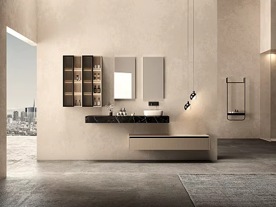 Modern Bathroom Vanity With Marble Countertop Mirror Storage Cabinets And City View 3d model