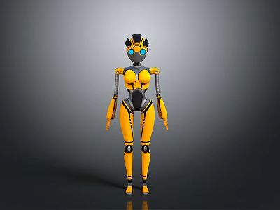 Humanoid Robot Character And Mechanical Creature With Yellow Black Body And Blue Eyes 3d model