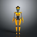 Humanoid Robot Character And Mechanical Creature With Yellow Black Body And Blue Eyes