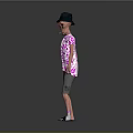 Game and Movie Character Wearing Green Hat Pink Floral Shirt Gray Shorts Sandals and Socks