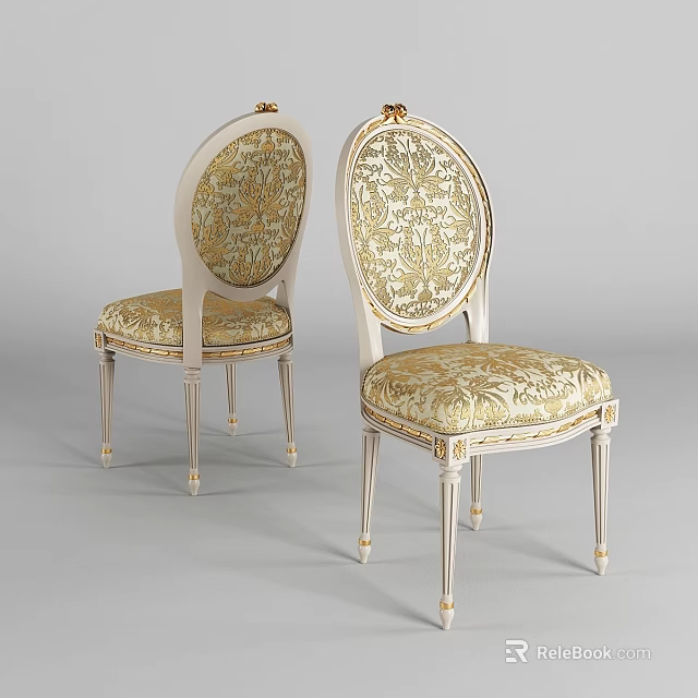 European Style Dining Chairs With Golden Patterns Brocade Upholstery And White Frame 3d model 