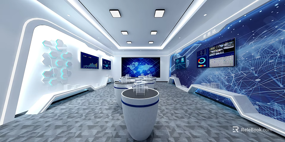 Modern Tech Exhibition Hall With Large World Map Digital Screen Multiple Monitors And Round Podiums 3d model