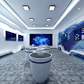 Modern Tech Exhibition Hall With Large World Map Digital Screen Multiple Monitors And Round Podiums 3d model