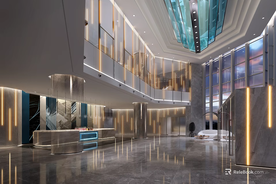 Modern Luxury Hotel Lobby With Glass Ceiling Marble Flooring And Reception Desk 3d model 