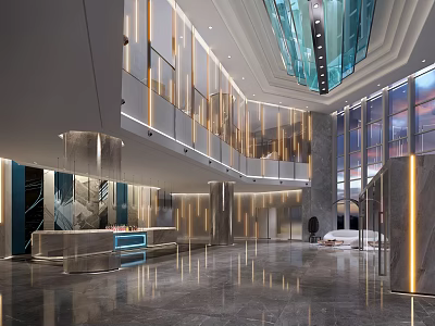 Modern Luxury Hotel Lobby With Glass Ceiling Marble Flooring And Reception Desk 3d model