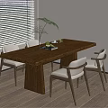 Modern Dining Room With Wooden Table White Cushioned Chairs Green Plant And Fruit