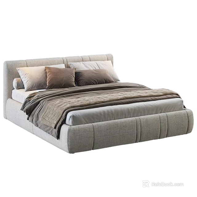 Modern Upholstered Double Bed With Light Gray Frame And Brown Pillows Blanket 3d model