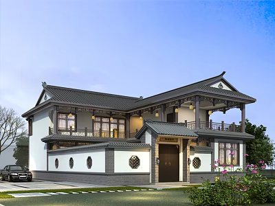 Traditional Chinese Style Detached Villa With Grey Tile Roof White Walls Balcony And Green Plants 3d model