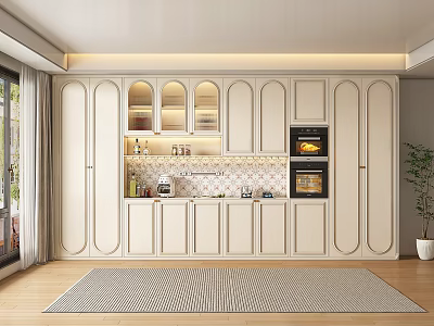 Modern Built in Wine Cabinet with Glass Doors and Interior Lighting in Kitchen 3d model