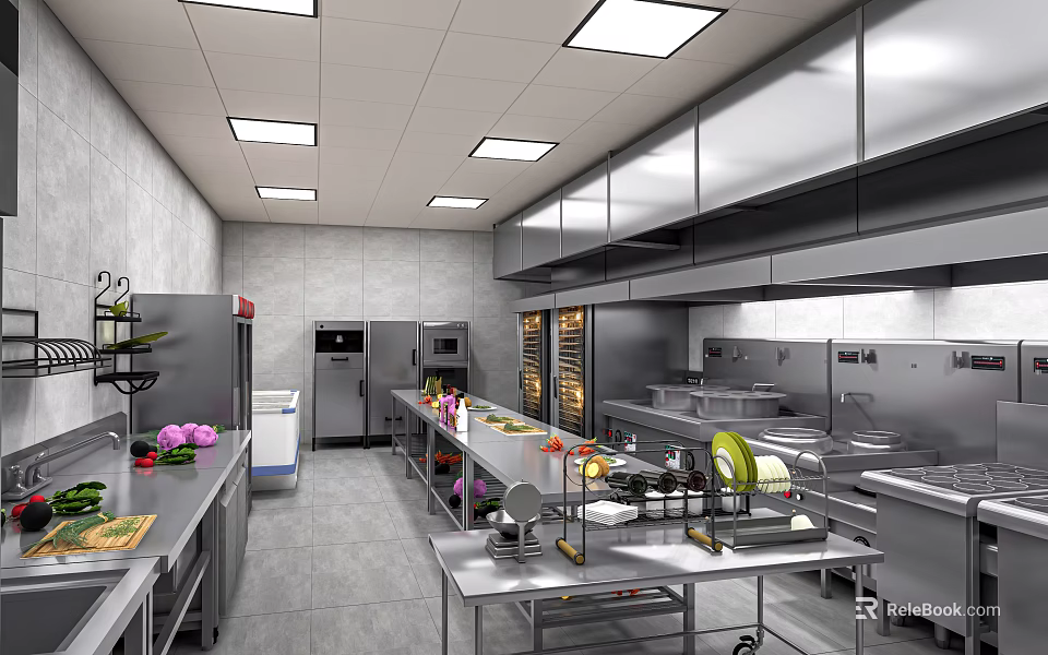 Professional Commercial Kitchen Interior With Stainless Steel Appliances Worktables And Fresh Ingredients 3d model 
