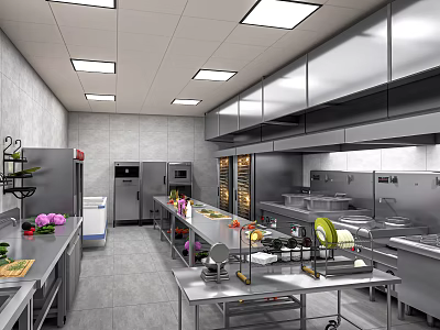 Professional Commercial Kitchen Interior With Stainless Steel Appliances Worktables And Fresh Ingredients 3d model