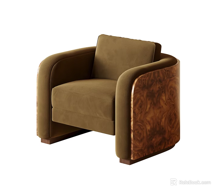 Stylish Brown Single Sofa With Velvet Upholstery Rounded Backrest And Wooden Armrests 3d model 