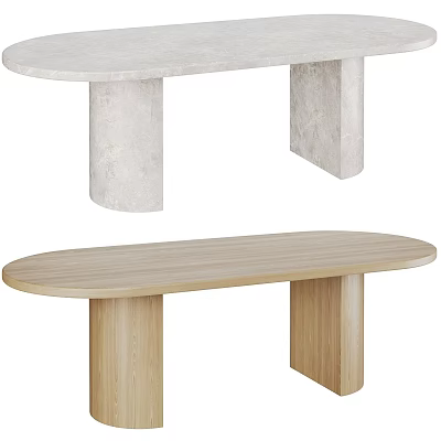 Marble And Wooden Oval Shaped Dining Tables With Cylindrical Legs Design 3d model