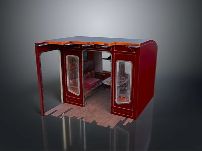 Detailed Train Compartment Interior With Red Exterior Beds Windows And Wooden Floor 3d model