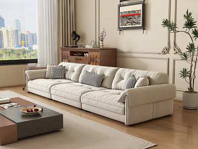 Beige Sectional Sofa With Plush Cushions In Living Room City View Window And Potted Plant 3d model