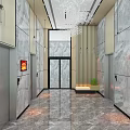 Modern Elevator Lobby With Marble Walls Large Windows And Lake Mountain View 3d model