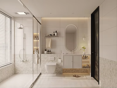 Modern Bathroom Interior With Glass Shower Toilet Vanity And Shelves 3d model