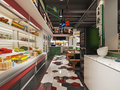 Modern Restaurant With Refrigerated Display Cases Neon Signs Hexagonal Floor Tiles And Dining Tables 3d model