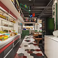 Modern Restaurant With Refrigerated Display Cases Neon Signs Hexagonal Floor Tiles And Dining Tables