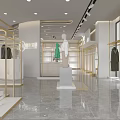 Elegant Modern Clothing Store Interior With Marble Floor Gold Frames Mannequins Green Plants Display Racks
