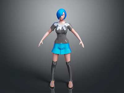 3D Game and Movie Character with Blue Hair Gray Top Blue Skirt and Black Socks 3d model